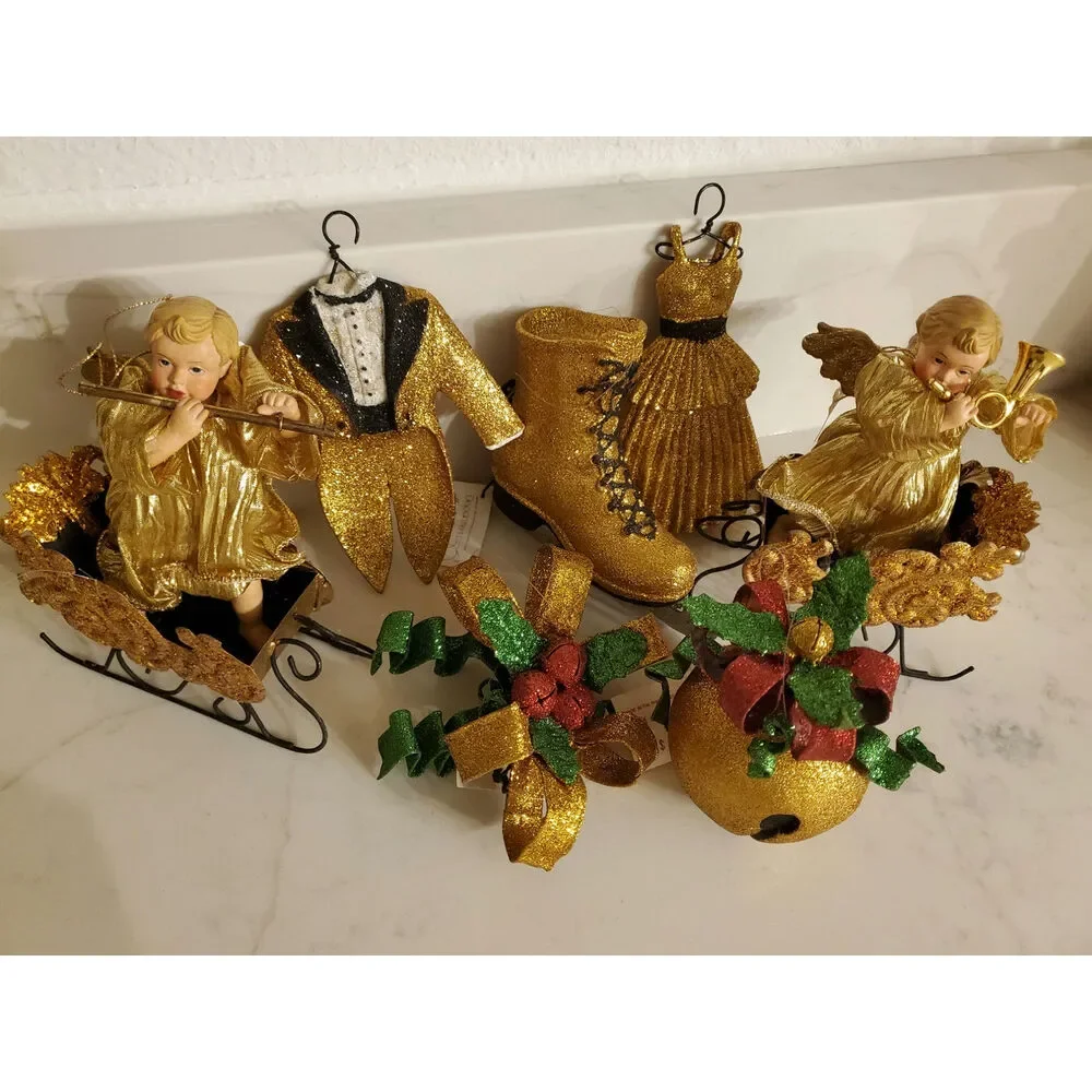 Set of 9 NEW Department 56 Golden Glitter Christmas Ornaments Cherub Sleigh